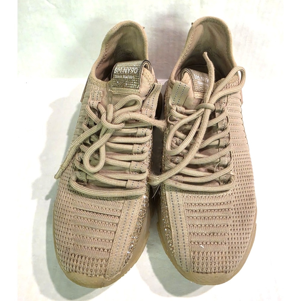 Steve Madden SMNY90 Rhinestone Embellished Beige Knit Sneakers Size 8.5M